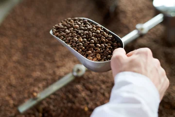 Rolgordijnen Closeup of creamy brown coffee beans roasting in drum machine of local artisan roastery, with unrecognizable worker holding scoop © Seventyfour