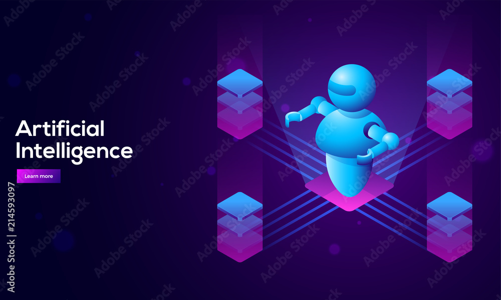 Poster artificial intelligence (ai) landing design with 3d illustration of a robot on server, connected wit