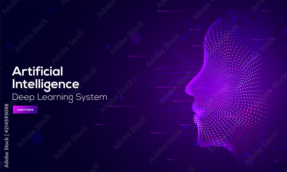Poster artificial intelligence (ai) landing design with 3d illustration of a robot on server, connected wit