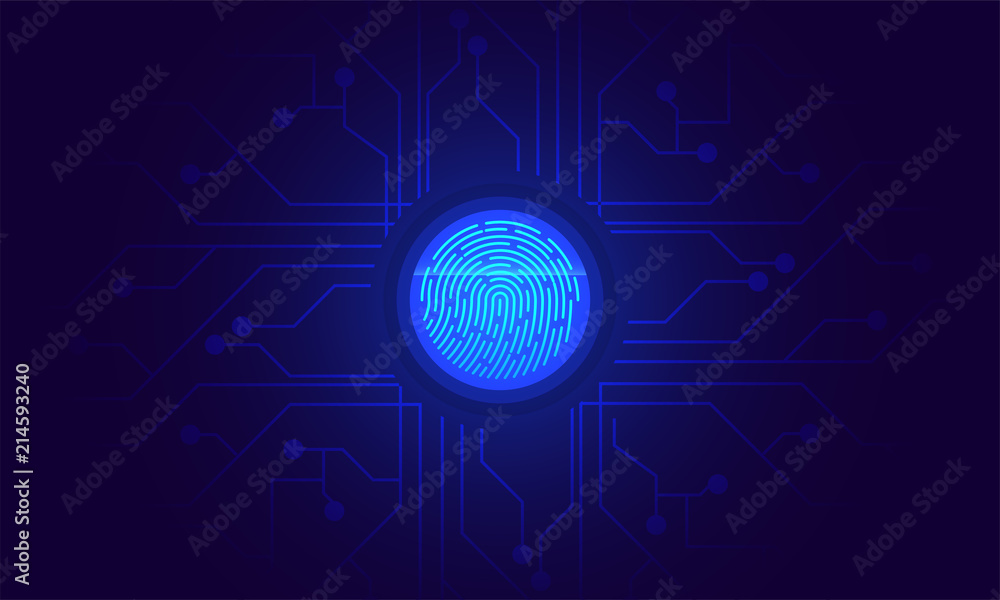 Poster fingerprint scan, biometric identity and approval. future of security and password control through f