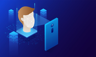 Fingerprint scan, biometric identity and approval. Future of security and password control through fingerprints in an immersive technology future and cybernetic, business isometric style. 