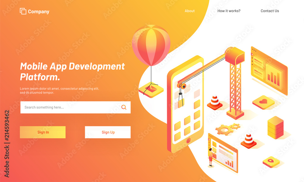 Poster responsive web template design with isometric view of working people, download or develop applicatio