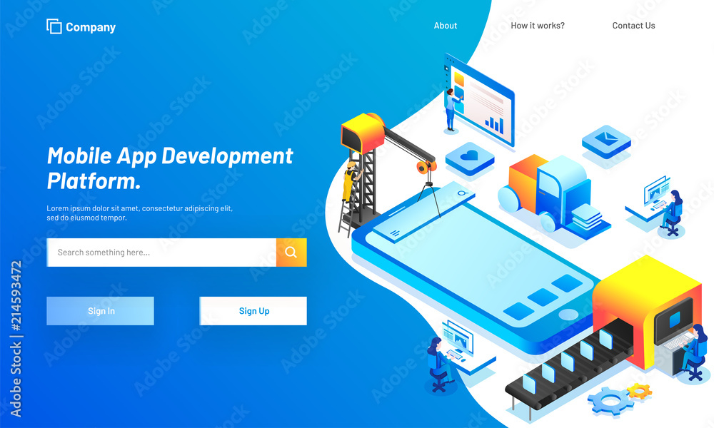 Poster responsive web template design with isometric view of working people, download or develop applicatio