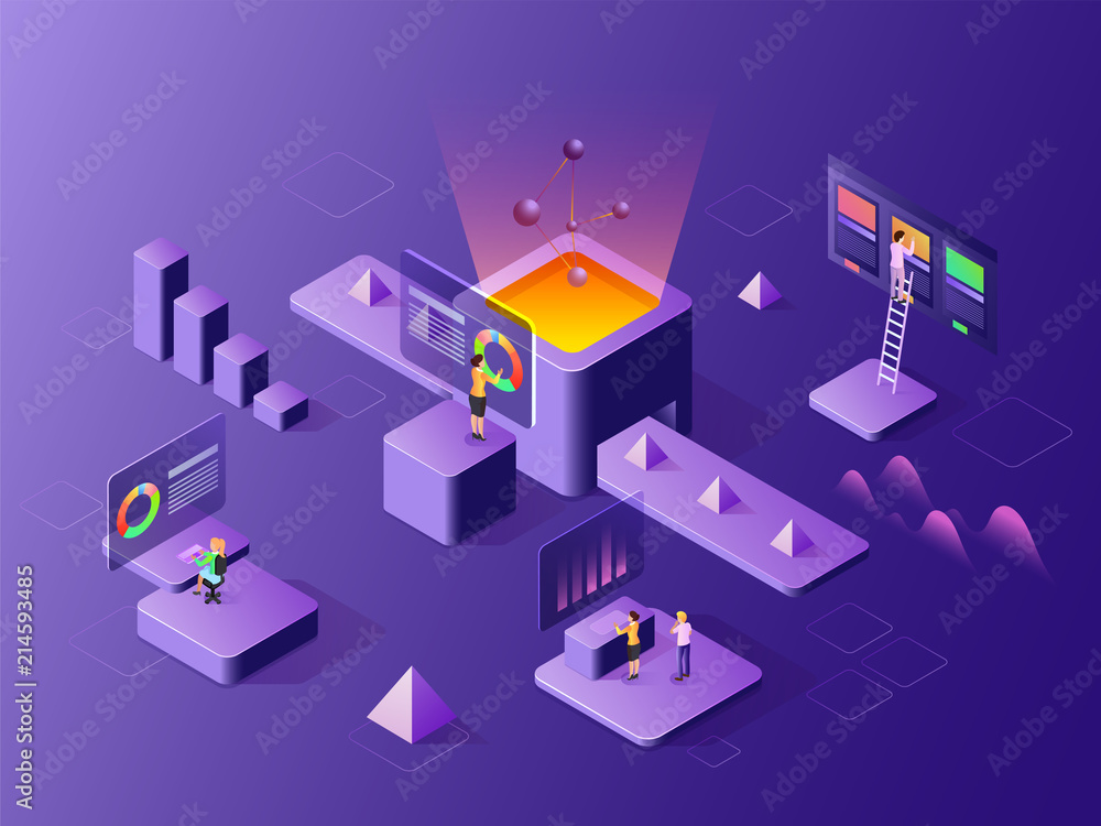 Poster data analysis concept based isometric design with illustration of analysts alnalysis the data with t