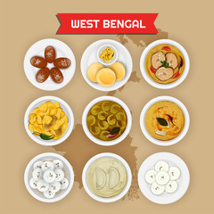 West Bengal cuisine set with illustration of state map.