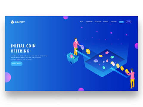 Money exchange concept of Cryptocurrency to ICO token, responsive landing page design for website.