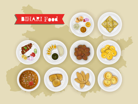 Bihari food set with state map and top view illustration of traditional dishes.
