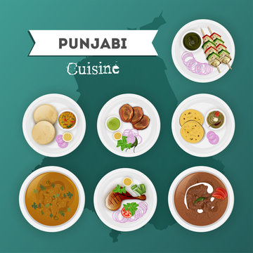 Punjabi cuisine set with illustration of state map on shiny green background.