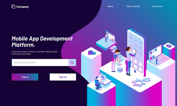 Responsive web template design with isometric view of working people, download or develop application in smartphone for Mobile App Development concept.