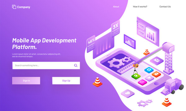 Responsive web template design with isometric view of working people, download or develop application in smartphone for Mobile App Development concept.