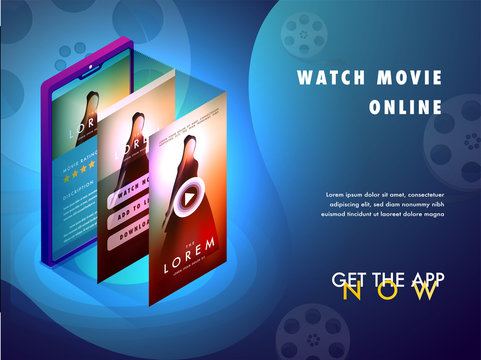 Isometric smart phone with three screens having different information related to movie. Online movie app concept.