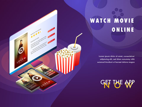 Online movie concept with isomeric set-up, movie playing on desktop pc, and on smart phone screen with cold drink and popcorn.