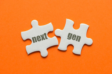 Two white details of puzzle with text Next gen on orange background, close up