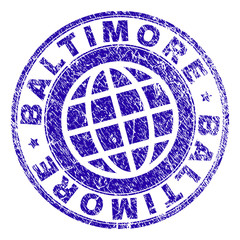 BALTIMORE stamp print with grunge texture. Blue vector rubber seal print of BALTIMORE text with dust texture. Seal has words arranged by circle and planet symbol.