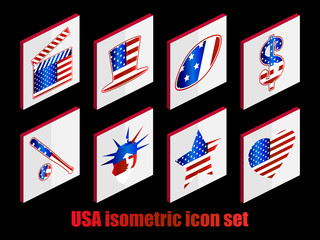 Isometric set of USA icons. The color of the flag with stripes and stars. Vector illustration