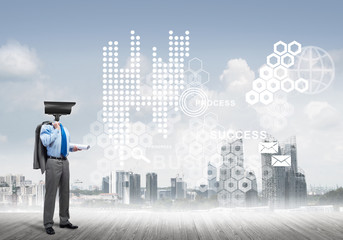 Concept of security and privacy protection with camera headed man