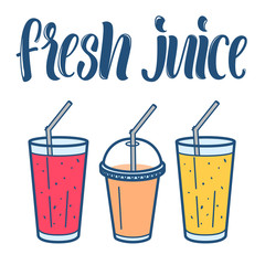 Fresh juice line art icons collection with lettering for drinks menu designs.