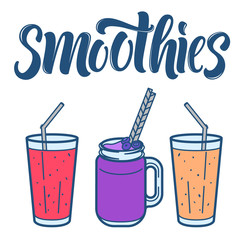 Smoothie line art icons collection with lettering for drinks menu designs.