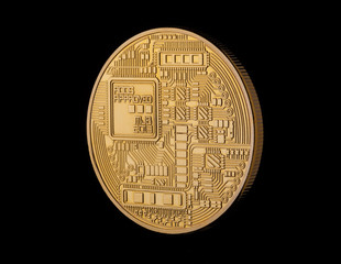 Coin bitcoin made of gold, isolated on a black background