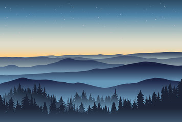 Beautiful mountains landscape in the foggy morning. Vector illustration. Layered trees and hills. Outdoor background.