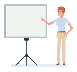 Smiling businesswoman writing on flip board on white background cartoon flat vector illustration