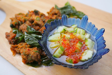 Fried fish-Paste Balls,serve with fresh vetgetable and sauce