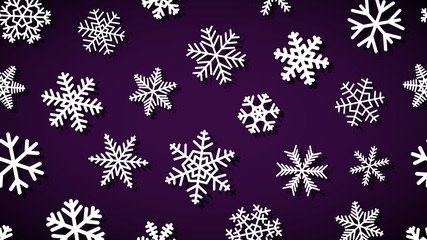 Christmas background of snowflakes of different shapes and sizes with shadows. White on dark purple.