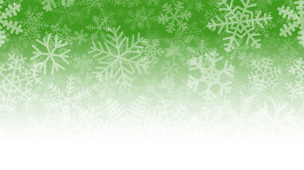Fototapeta na wymiar Christmas illustration of many layers of snowflakes of different shapes, sizes and transparency. On gradient background from green to white.
