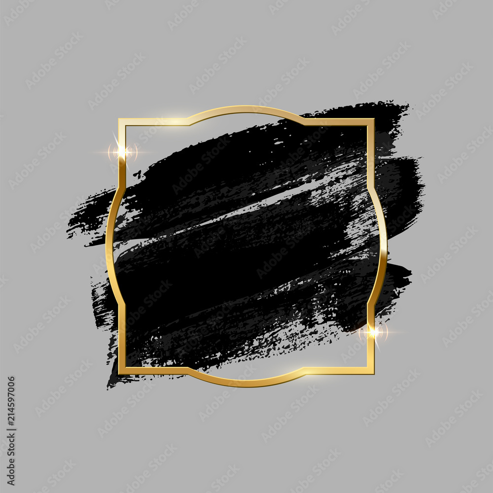 Poster black brush strokes with golden frame isolated on gray background. vector design element.