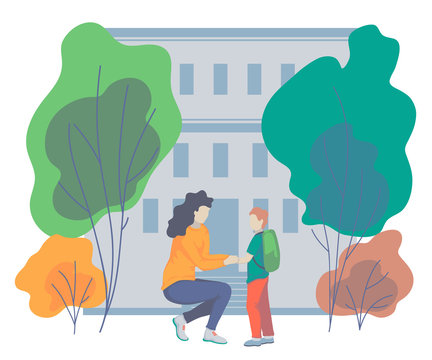 Mother talks to her son before taking him to school. Concept of parent support. Vector illustration 