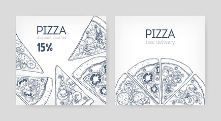 Set of square promotional coupon or discount voucher templates with pizza hand drawn with contour lines on white background. Monochrome realistic vector illustration for pizzeria, Italian restaurant. - Powered by Adobe