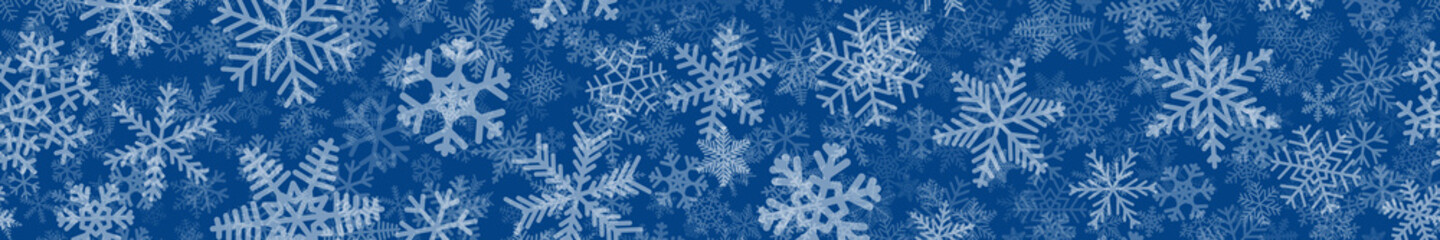 Fototapeta na wymiar Christmas horizontal seamless banner of many layers of snowflakes of different shapes, sizes and transparency. White on blue.