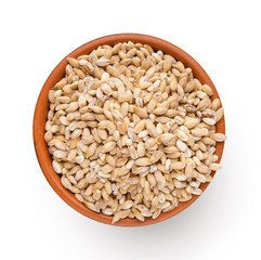 Wheat grains in bowl on white background