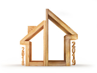 Growth in real estate concept. Wooden house icon of two parts of different sizes with numbers 2019 and 2018. 3D illustration