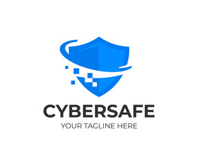 Cyber security shield logo design. Information and network protection vector design. Internet safety logotype