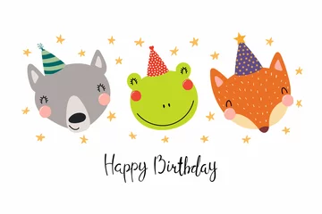 Zelfklevend Fotobehang Hand drawn birthday card with cute funny wolf, frog, fox in party hats, stars, quote Happy birthday. Isolated objects. Scandinavian style flat design. Vector illustration. Concept for kids print. © Maria Skrigan