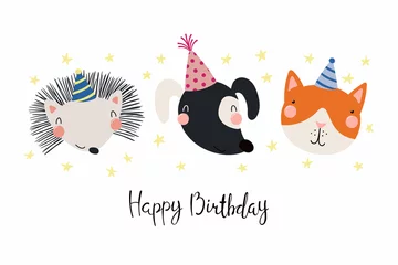 Foto op Aluminium Hand drawn birthday card with cute funny dog, cat, hedgehog in party hats, stars, quote Happy birthday. Isolated objects. Scandinavian style flat design. Vector illustration. Concept for kids print. © Maria Skrigan