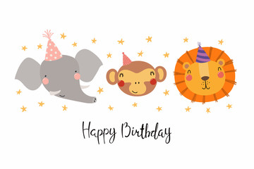 Hand drawn birthday card with cute funny monkey, lion, elephant in party hats, stars, quote Happy birthday. Isolated objects. Scandinavian style flat design. Vector illustration. Concept kids print.
