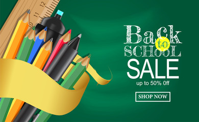 Back to School sale Banner with pencil and ruler