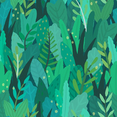 Green magical forest. Vector hand drawn textured seamless pattern