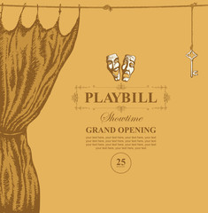 Vector playbill with place for text, theater curtain and theater masks in retro style. Hand-drawn illustration on the theme of modern theatrical art, grand opening