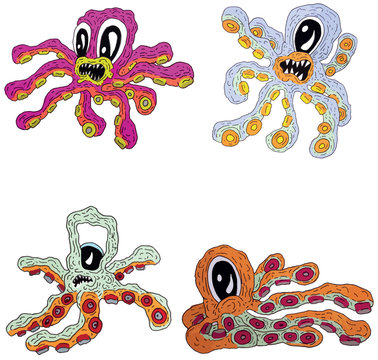 Four Cartoon Hand Drawn Octopus Creatures in Vector