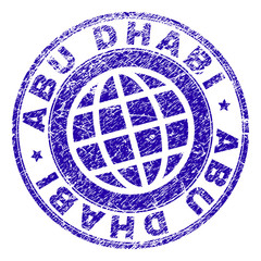 Fototapeta premium ABU DHABI stamp imprint with grunge texture. Blue vector rubber seal print of ABU DHABI tag with corroded texture. Seal has words arranged by circle and globe symbol.