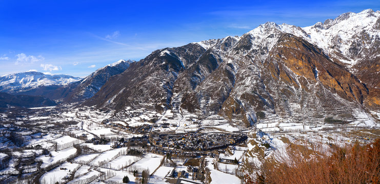 Benasque village aerial in Huesca Pyrenees Spain