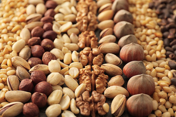 Variety of tasty fresh nuts, closeup
