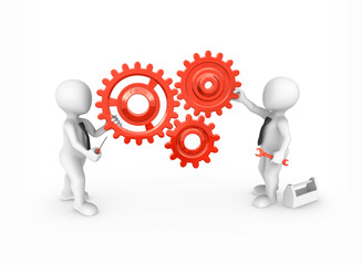 3d small people with red gears and tools.