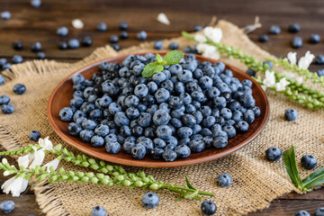 Fresh berries of blueberry on a plate. It can be used as a background