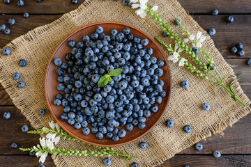 Fresh berries of blueberry on a plate. It can be used as a background
