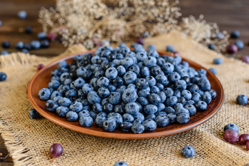 Fresh berries of blueberry on a plate. It can be used as a background