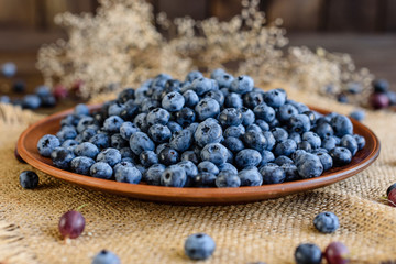 Fresh berries of blueberry on a plate. It can be used as a background
